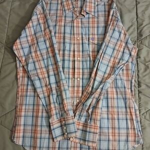 Casual Plaid Button-Down Shirt - Blue and Orange